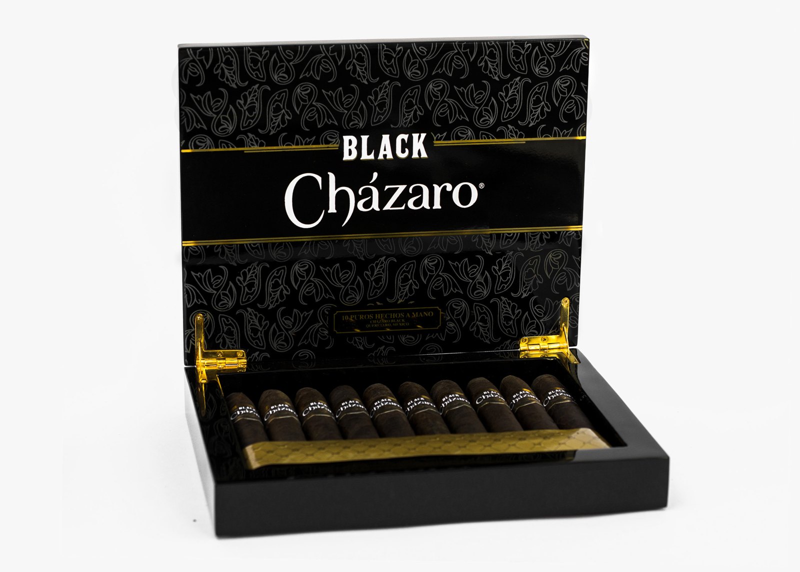 Black Cházaro box of ten cigars, open